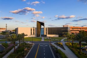 The main facade of the newly built Gale Lemerand student center at Daytona State College in Daytona Beach, Florida.