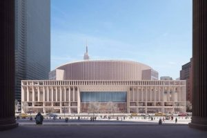 Rendering showing the 8th Avenue facade of the revitalized Penn Station according to a recently unveiled proposal by ASTM North America and design collaborators, HOK and Practice for Architecture and Urbanism (PAU).