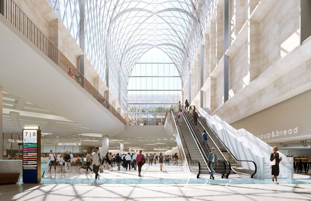 The interior of the mid-block hall with a new 32-m (105-ft) high, fenestrated ceiling.