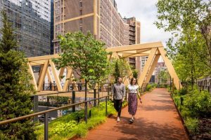 Part of New York's High Line steel and bronze handrail bridge, Moynihan Connector, called the Woodland Bridge.