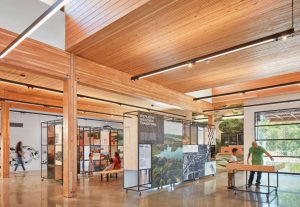 The interior of the building showing the exhibit area with the use of glulam columns and beams supporting nail-laminated timber (NLT) panels.