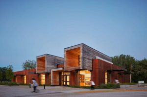 The entrance to the Ford Calumet Environmental Center (FCEC) lit up at night.