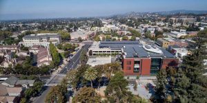 The sprawling solar panels installation on the roof of the library.