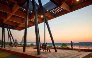 The wooden public deck under the canopy.