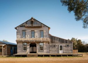 The Luck Ranch’s Opry House and Saloon, closeup of facade.