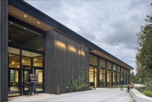 The exterior facade of the renovation and expansion of Oregon Episcopal School’s (OES’s) new Athletic Center in Portland, which uses mass timber as its primary material.