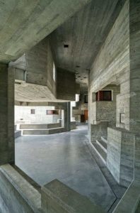 This church was built in 1966-69 by Walter M. Förderer in Switzerland and uses exposed concrete.