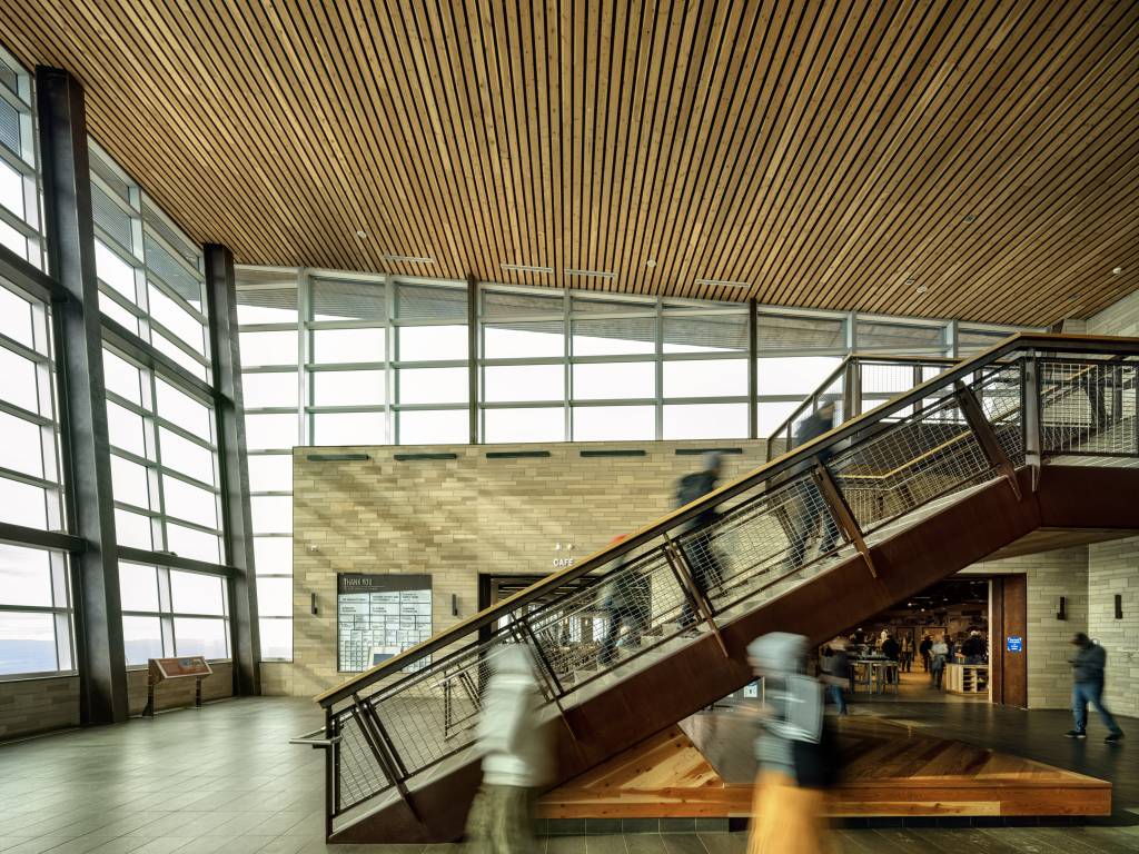 The staircase brings visitors into the lobby.