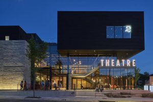 The main facade of TheatreSquared’s (T2’s) building in Fayetteville, Arkansas.