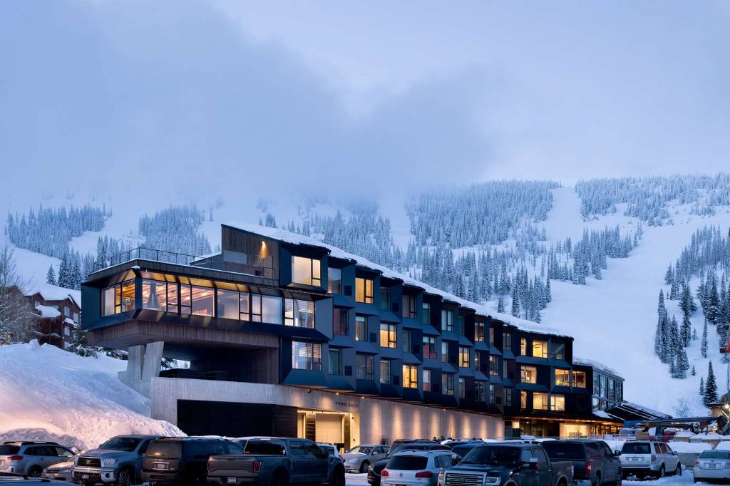 The front facade of Humbird Hotel at Shweitzer Mountain in northern Idaho.