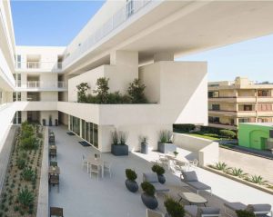 View of the communal courtyard, open to the street, in 11NOHO’s residential portion.