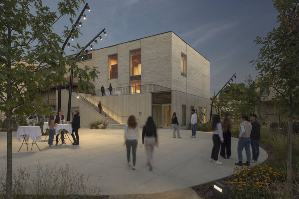 The backyard of The Commons building. The dominant material in the facade is brick from Adel, Iowa.