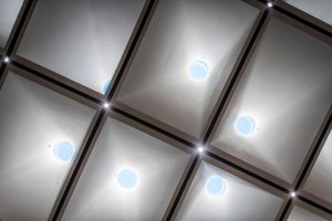 The conical skylights punctuate the ceiling of Visitor Landing.