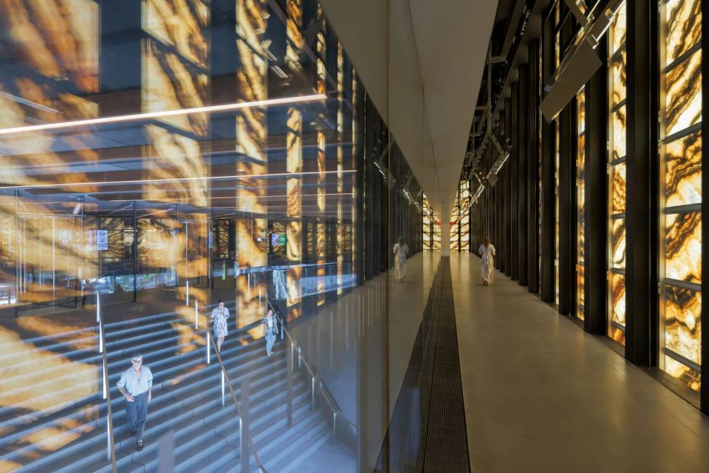 Perelman Performing Arts Center, interior corridor “bridge” on lobby level.