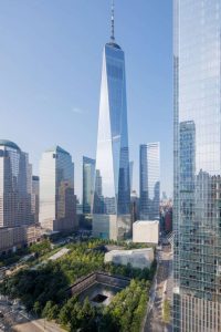 View of lower Manhattan including Perelman Performing Arts Center and National September 11 Memorial & Museum.