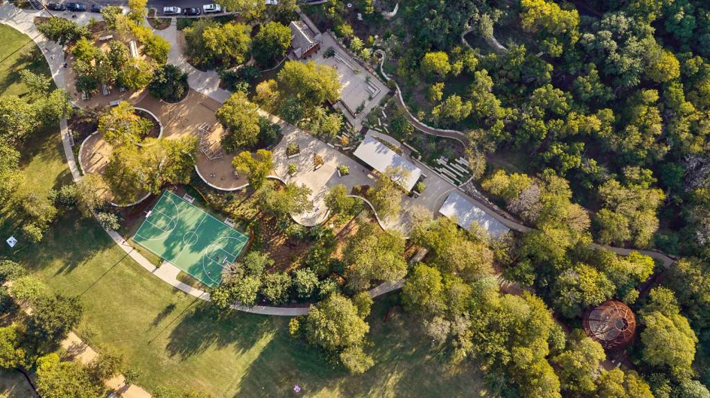 Aerial photo showing the limestone wall serving multiple purposes in the park.