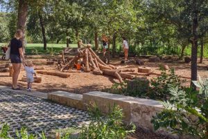 Children’s playground with natural wood elements.