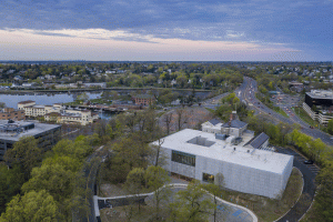 An aerial view of the Bruce Museum