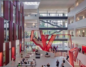 The five-story atrium within University of Cincinnati’s Clifton Court Hall is designed to induce campuswide collaboration.