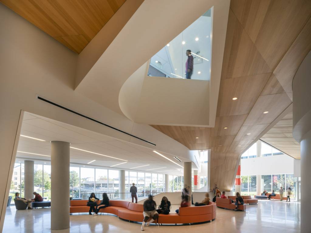 Sculptural cuts in the ceiling draw light through the core of building while also allowing for connections between floors.