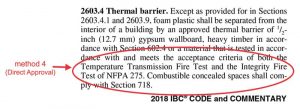 The photo highlights the text in 2018 International Building Code (IBC) to show the use of any material which meets certain requirements as thermal barrier.