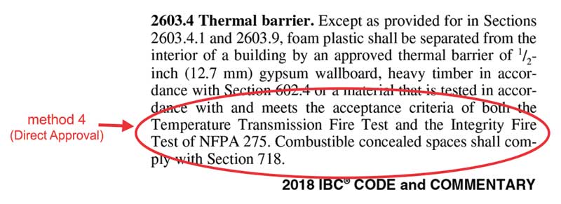 The photo highlights the text in 2018 International Building Code (IBC) to show the use of any material which meets certain requirements as thermal barrier.