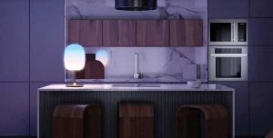 A 24-hour wellness lamp sits on a kitchen island and faintly illuminates the surroundings during the dark of the night.