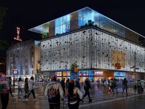 A street view rendering of the expanded Detroit Music Hall Center for the Performing Arts.