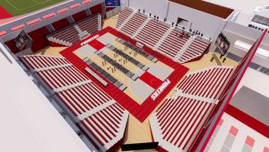 Rendering of the refurbished Pitt Center shows the aerial view of the basketball court and bleachers.