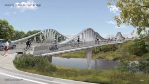 The bridge's rendering shows the multiple smaller masts with pedestrian access lanes.