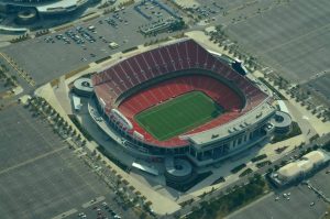 Aerial view photo of Arrowhead Stadium in its present state.