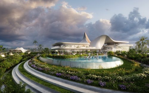 futuristic yacht club rendering with greenery and a pool area; clouds in the sky