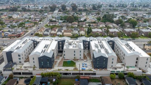 aerial view of a street full of row houses