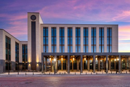 new courthouse building at dusk