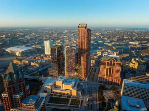 aerial view of an urban city with skyscrapers