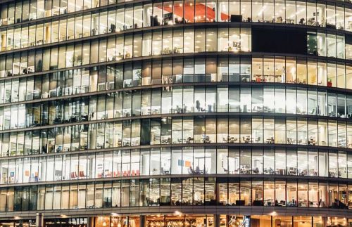 closeup of a busy office building