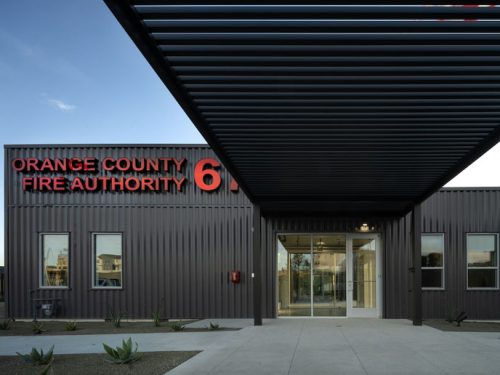 metal-clad exterior of a fire station