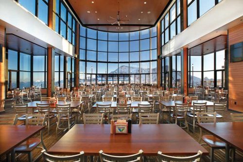 empty dining hall with tables and chairs