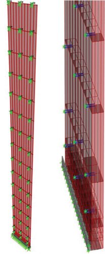 This image depicts a structural engineering design of a tall building. On the left, a narrow vertical structure is outlined in red with green elements representing support points. On the right, a similar structure shows detailed staircases and additional framework, demonstrating the building’s vertical construction.