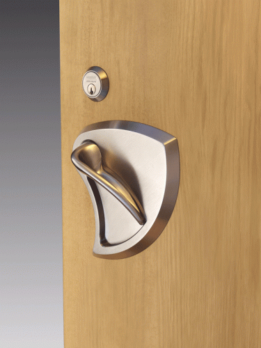 A close-up view of a modern door handle mounted on a wooden door. The handle is silver, smoothly curved, and is situated below a circular keyhole. The overall appearance reflects a contemporary style.