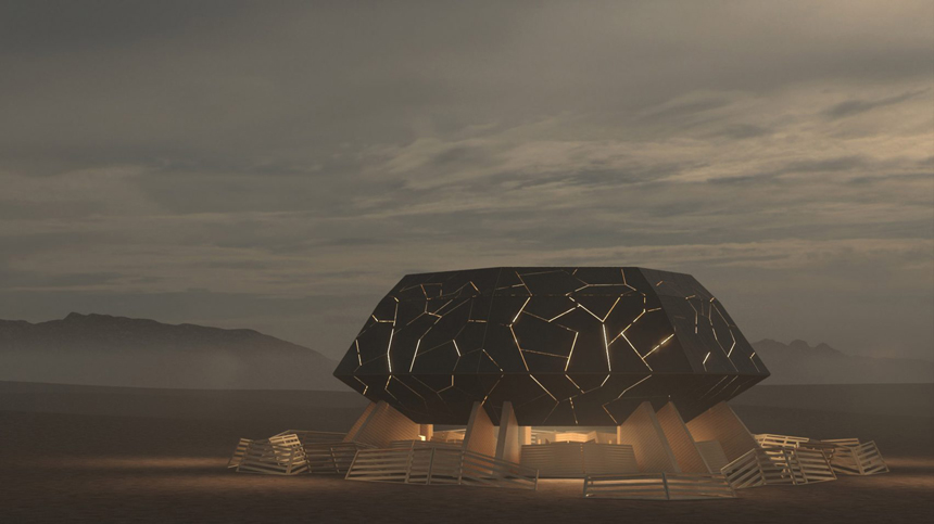 Futuristic, dome-shaped structure in a desert landscape, illuminated from within with glowing cracks across its dark, geometric surface, under a cloudy, moody sky.