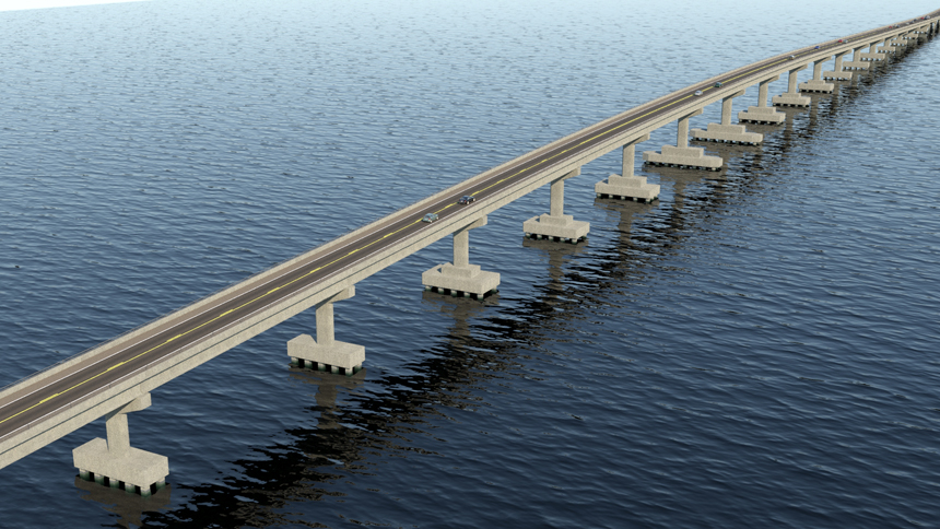 A long concrete bridge with evenly spaced support pillars extending across a calm body of water, with a few cars traveling along the roadway.